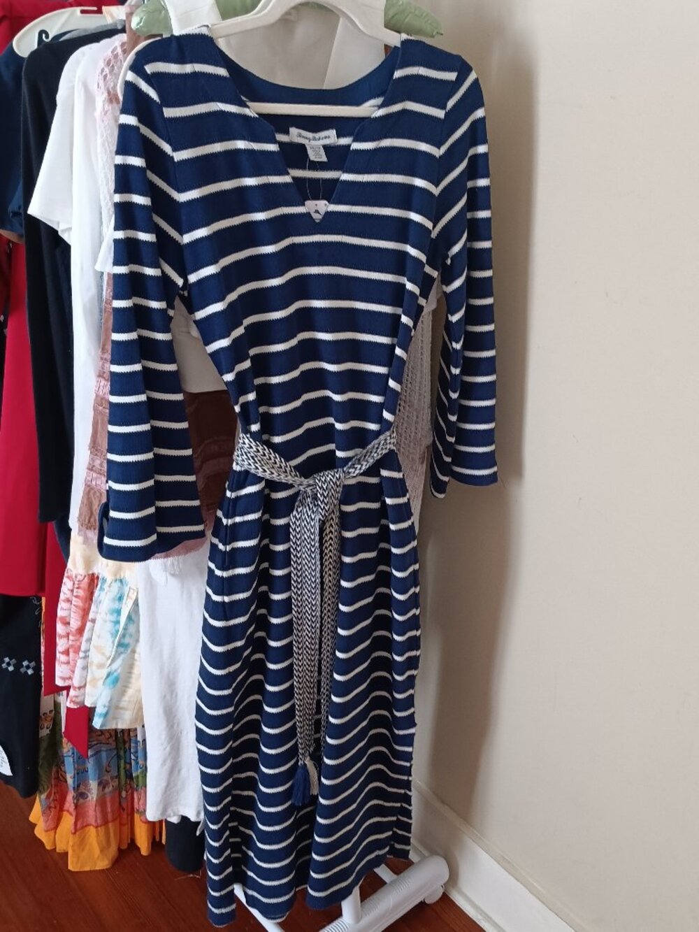 NWT Classic Navy & White Striped Sporty Long Sleeve Cotton Midi Dress Size XS
